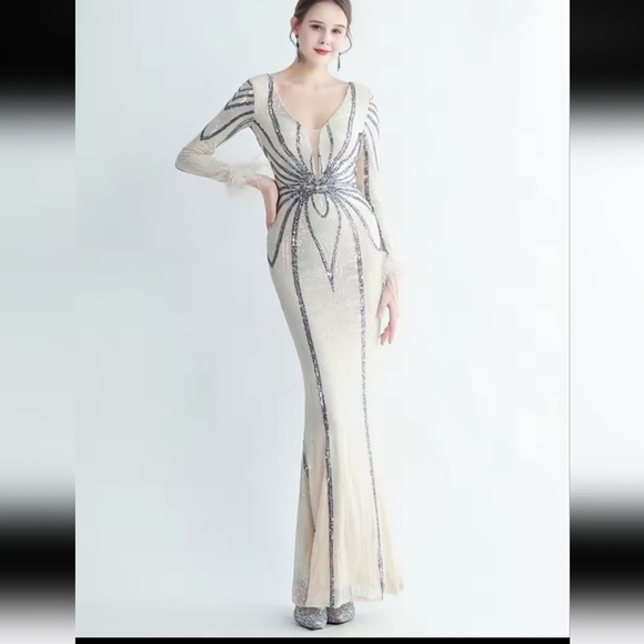 Dresses & Skirts - Gray and Cream Backless Embellished Gown with Bishop Sleeves